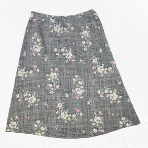 90s Vintage Floral Black Tan Elastic Waist Boho Cottagecore Midi Skirt Size 24W